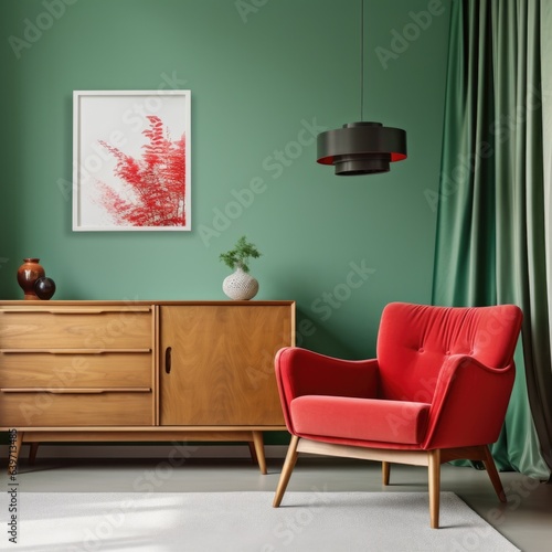 Interior of modern living room with sideboard over green wall. Contemporary room with dresser and red armchair. Home design with curtain