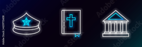 Set line Courthouse building, Police cap with cockade and Holy bible book icon. Glowing neon. Vector