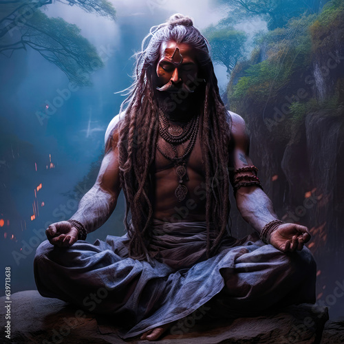 Ancient Old Man Meditating deep in the forest Naga Sadhu focusing on shiv ji photo