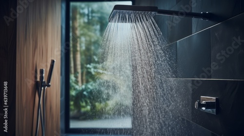 Photo of a shower head with water flowing