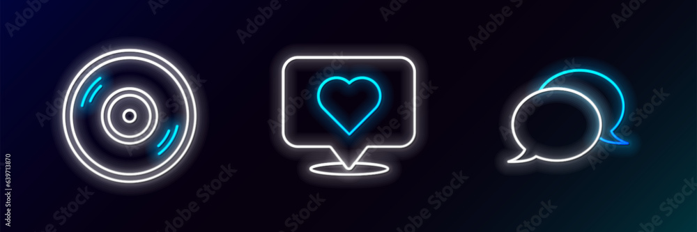 Set line Speech bubble chat, Vinyl disk and Like and heart icon. Glowing neon. Vector Set line Speech bubble chat, Vinyl disk and Like and heart icon. Glowing neon. Vector