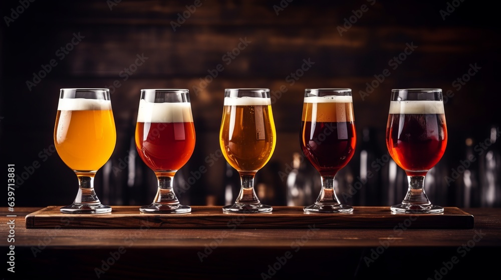 Photo of a variety of beers displayed in glasses Photo of a variety of beers displayed in glasses