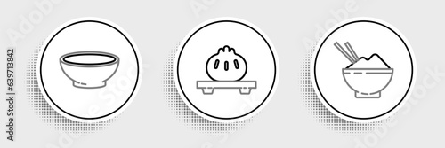 Set line Rice in a bowl with chopstick, Bowl of hot soup and Dumpling on cutting board icon. Vector