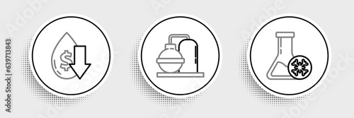 Set line Antifreeze test tube, Drop in crude oil price and Oil and gas industrial factory building icon. Vector