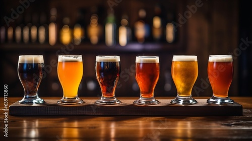 Photographie Photo of a row of beer glasses on a wooden table