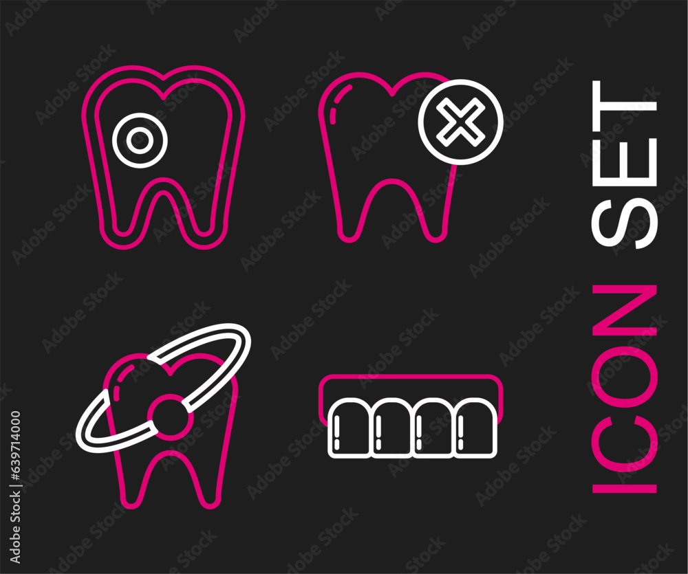 Fototapeta premium Set line Dentures model, Tooth whitening concept, with caries and icon. Vector