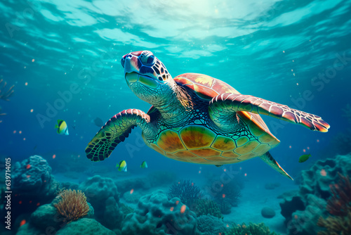 A turtle swims in the sea