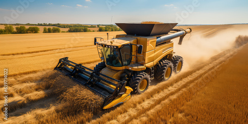 Aerial view of combine harvester in vast wheat field. Harvesting, autumn, horizontal banner. 