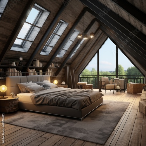 Loft style interior design of modern bedroom in attic