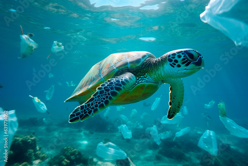 A turtle swims in the sea among plastic and garbage. Ocean pollution