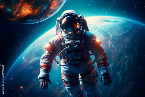 Man in outer space. Cosmonaut in a space suit