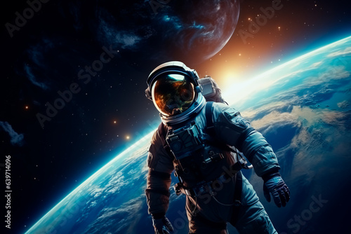 Man in outer space. Cosmonaut in a space suit. 
