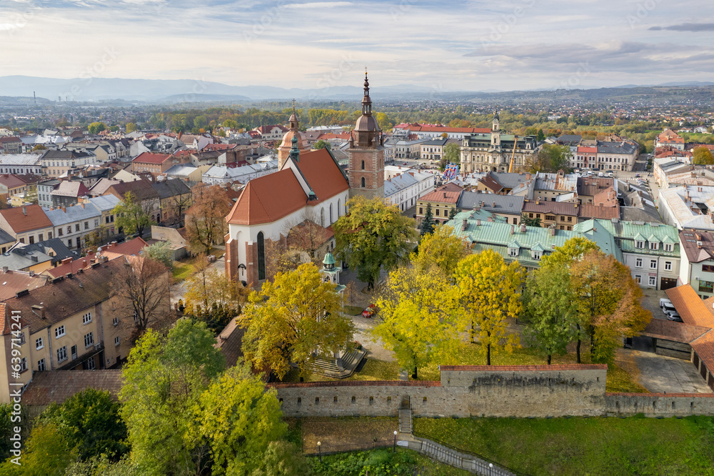 Aerial view of the Nowy Sacz old town at sunrise, Poland