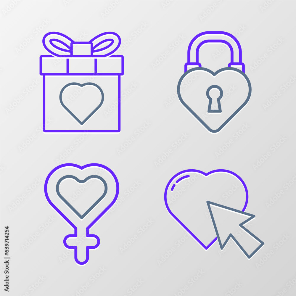 Set line Heart and cursor click, Female gender symbol, Castle in the shape of heart and Gift box icon. Vector Set line Heart and cursor click, Female gender symbol, Castle in the shape of heart and Gift box icon. Vector