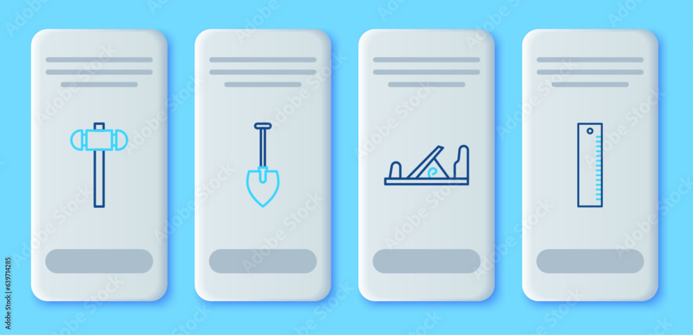 Set line Shovel, Wood plane tool, Sledgehammer and Ruler icon. Vector Set line Shovel, Wood plane tool, Sledgehammer and Ruler icon. Vector