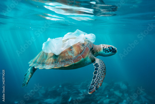 A turtle swims in the sea among plastic and garbage. Ocean pollution