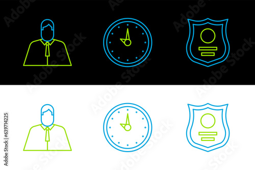 Set line Police badge, Lawyer, attorney, jurist and Clock icon. Vector