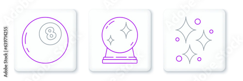 Set line Sparkle stars with magical glitter, Magic ball of predictions and icon. Vector
