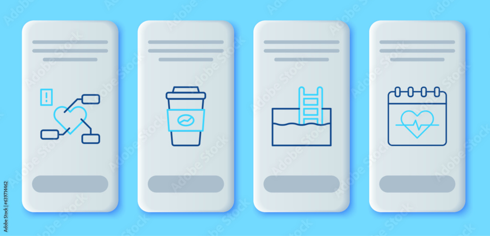 Set line Coffee cup to go, Swimming pool with ladder, Attention health heart and Heart rate icon. Vector