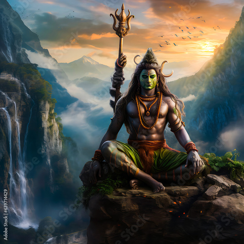 Lord Shiva Meditating by the Sacred Trishul photo