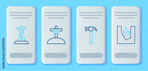 Set line Grave with cross, Hammer, and Coffin in grave icon. Vector