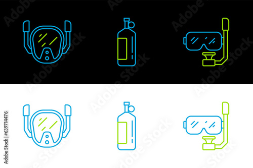 Set line Diving mask and snorkel, and Aqualung icon. Vector