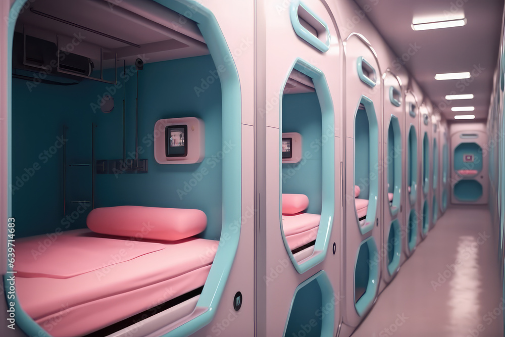 Modern capsule hotel in pink blue pastel colors palette. Futuristic style, 3d render illustration interior. 