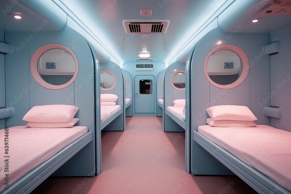 Fototapeta premium Modern capsule hotel in pink blue pastel colors palette. Futuristic style, 3d render illustration interior. 