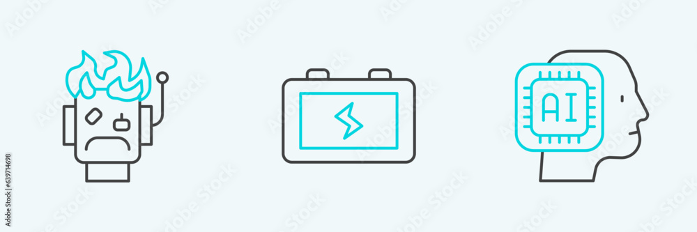 Fototapeta premium Set line Humanoid robot, Robot burned out and Battery icon. Vector