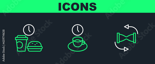Set line Old hourglass with sand, Fast food time and Coffee icon. Vector