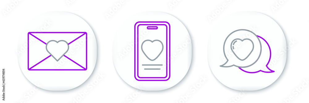 Set line Heart in speech bubble, Envelope with Valentine heart and Online dating app and chat icon. Vector Set line Heart in speech bubble, Envelope with Valentine heart and Online dating app and chat icon. Vector