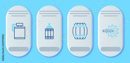 Set line Dynamite bomb, Gun powder barrel, Canteen water bottle and Spur icon. Vector