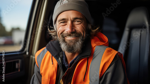Portrait of smiling truck driver sitting in car in the driver's seat. Happy adult man, driver profession. 