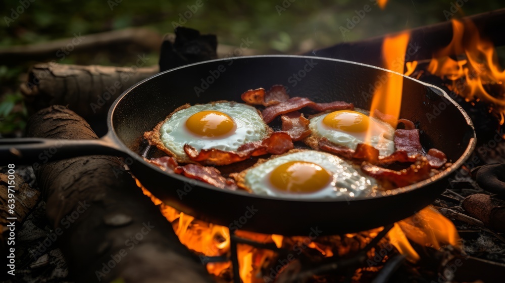 Photo of a delicious campfire breakfast with sizzling eggs and crispy bacon in a rustic skillet Photo of a delicious campfire breakfast with sizzling eggs and crispy bacon in a rustic skillet