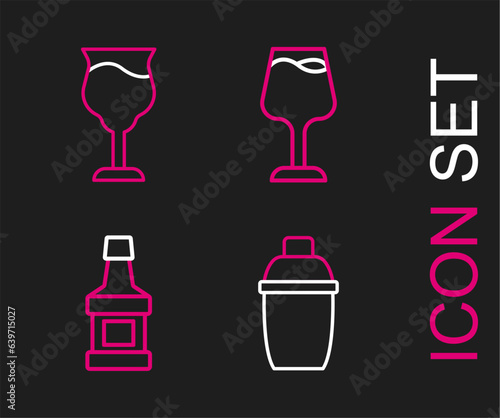 Set line Cocktail shaker  Whiskey bottle  Wine glass and icon. Vector