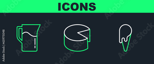 Set line Ice cream in waffle cone, Milk jug or pitcher and Cheese icon. Vector