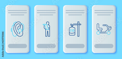 Set line Human broken arm, IV bag, Hearing aid and Electric wheelchair icon. Vector