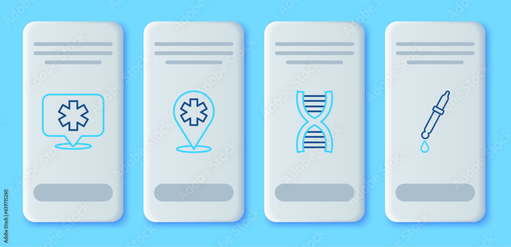 Set line Location hospital, DNA symbol, and Pipette icon. Vector