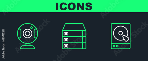 Set line Hard disk drive HDD, Web camera and Server, Data, Hosting icon. Vector