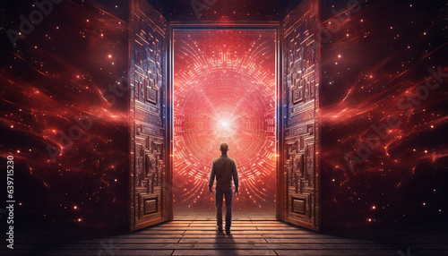 Man Walking Through Huge Doors into a Red Universe © KatherineMunro