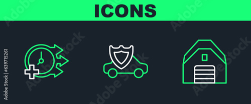 Set line Garage, Clock and Car with shield icon. Vector