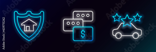 Set line Car sharing, House with shield and Price negotiation icon. Glowing neon. Vector