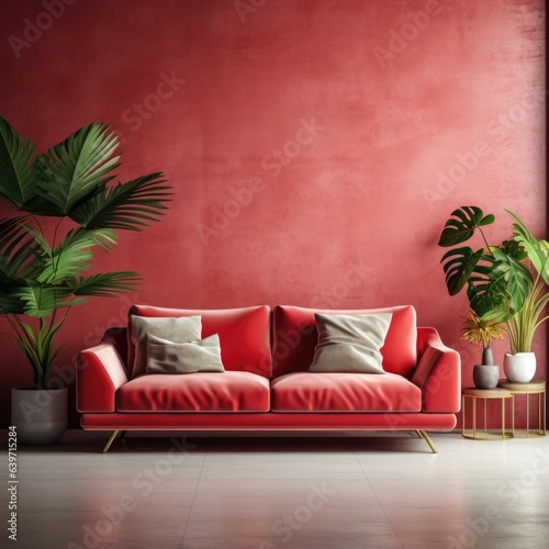 Modern interior design of apartment, living room with red sofa over the stucco wall. Home interior with plant