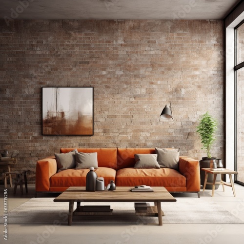 Modern interior design of apartment, living room with terracota sofa over the brick wall. Home interior © Interior Design