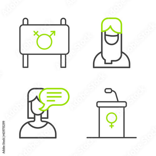 Set line Debate podium rostrum, Female opinion, Muslim woman hijab and Feminist activist icon. Vector