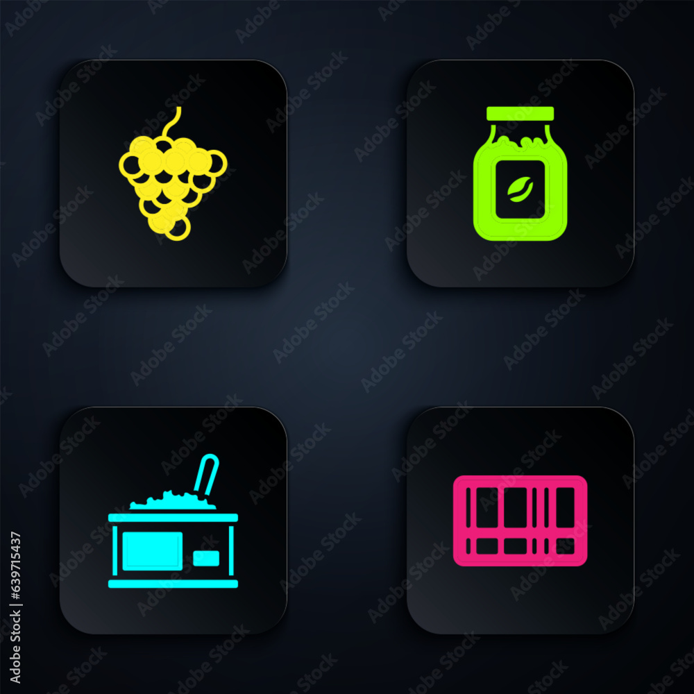 Set Barcode, Grape fruit, Tin can with caviar and Coffee jar bottle. Black square button. Vector Set Barcode, Grape fruit, Tin can with caviar and Coffee jar bottle. Black square button. Vector