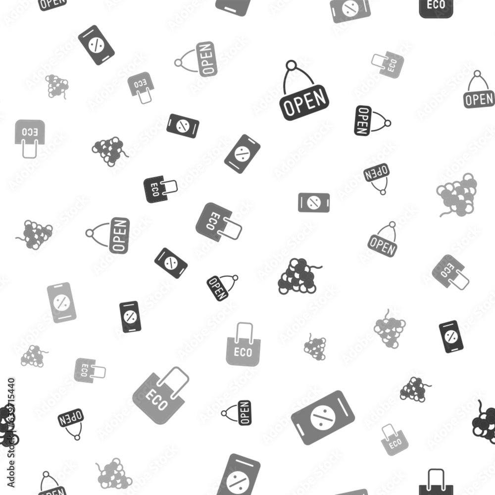 Set Hanging sign with Open, Percent discount and mobile, Grape fruit and Shopping bag recycle on seamless pattern. Vector Set Hanging sign with Open, Percent discount and mobile, Grape fruit and Shopping bag recycle on seamless pattern. Vector