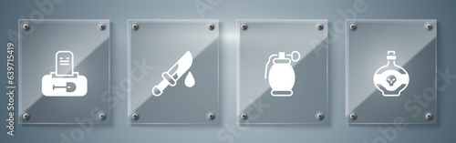 Set Poison in bottle, Hand grenade, Bloody knife and Grave with tombstone. Square glass panels. Vector