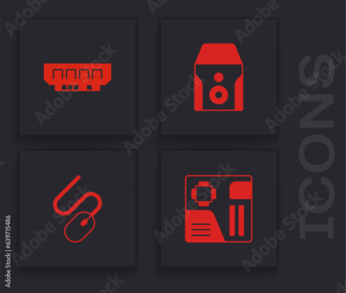 Set Motherboard digital chip, RAM, random access memory, Uninterruptible power supply and Computer mouse icon. Vector