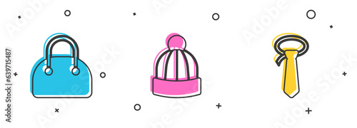 Set Handbag, Winter hat and Tie icon. Vector